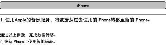 ﷯ ﷯ 1. 使用Apple的备份服务，将数据从过去使用的iPhone转移至新的iPhone。 通过以上步骤，完成数据转移。 可在新iPhone上使用智能码表。